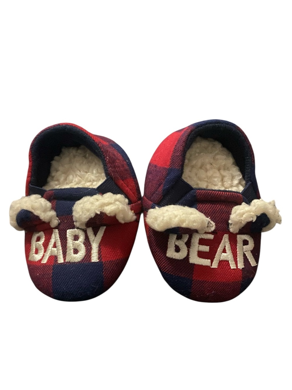 dearfoams Red and Navy Plaid 'BABY BEAR' Cozy Kids Slippers